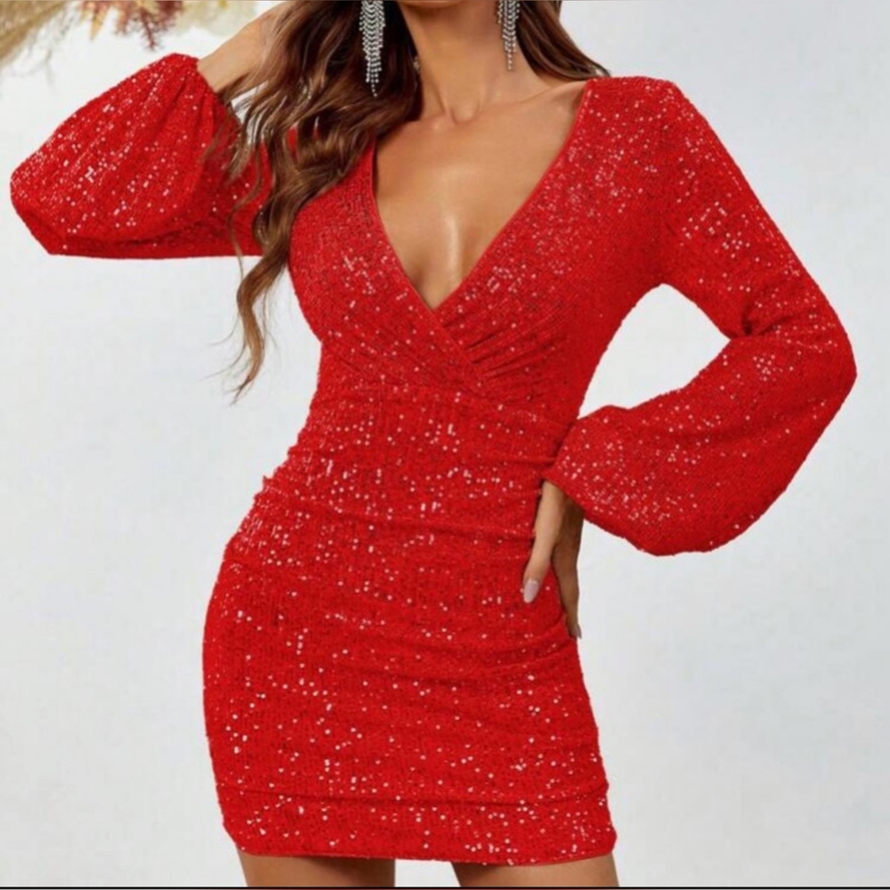 🥻Luxe Sexy Plunging V Neckline Lantern Sleeve Party Sequins Bodycon Mini Dress